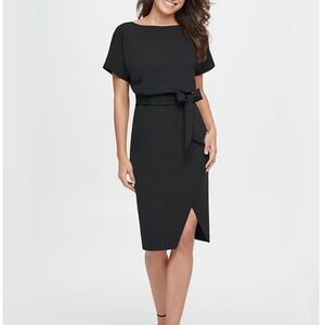 Kensie Textured Knit Boat Neck Self-Tie Waist Faux Wrap Blouson Dress